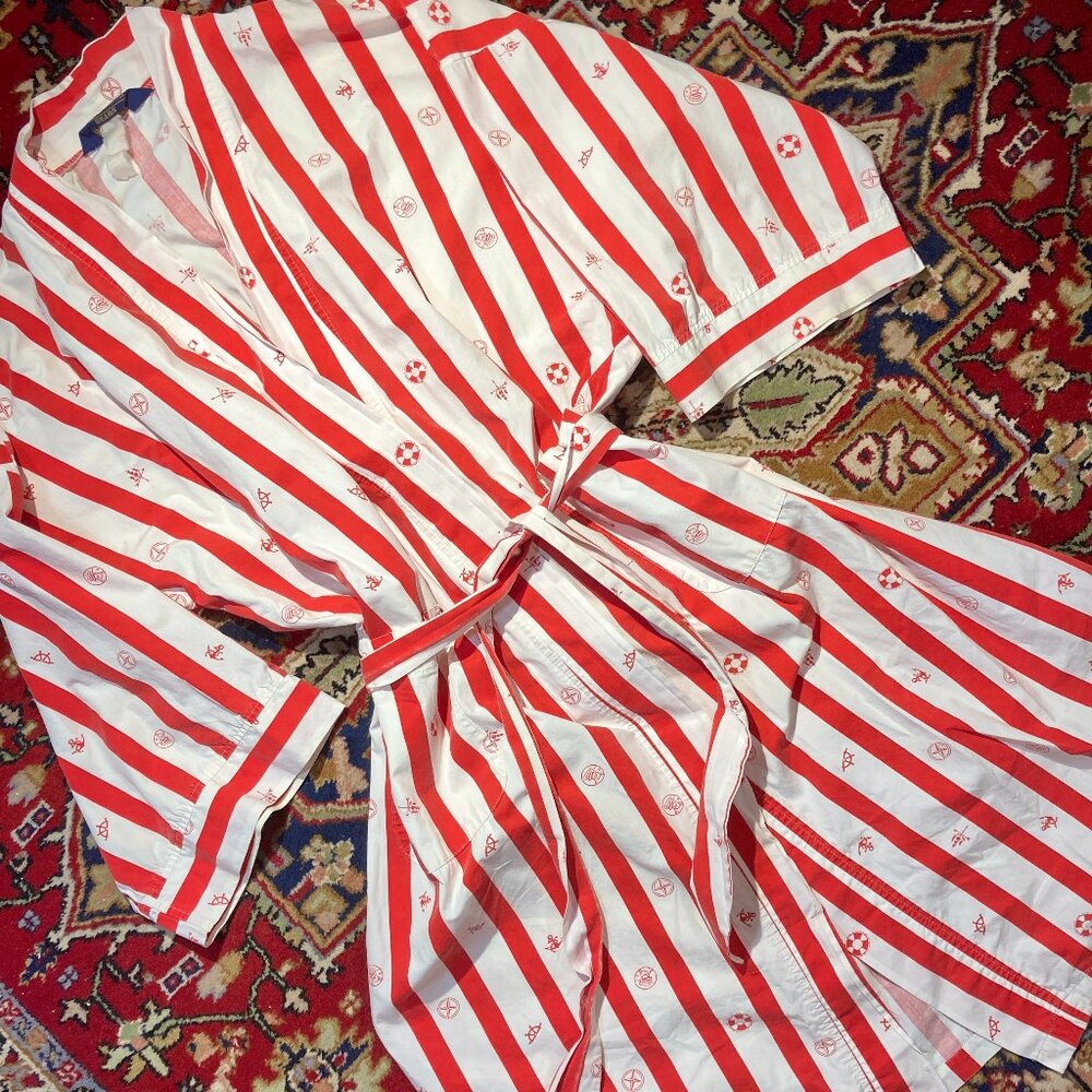 Vtg 80s 90s Sears Sailor Nautical Robe Red White Stripe Valentines Cotton Unisex